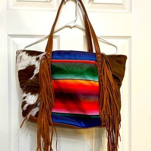 Serape cow print fringe purse